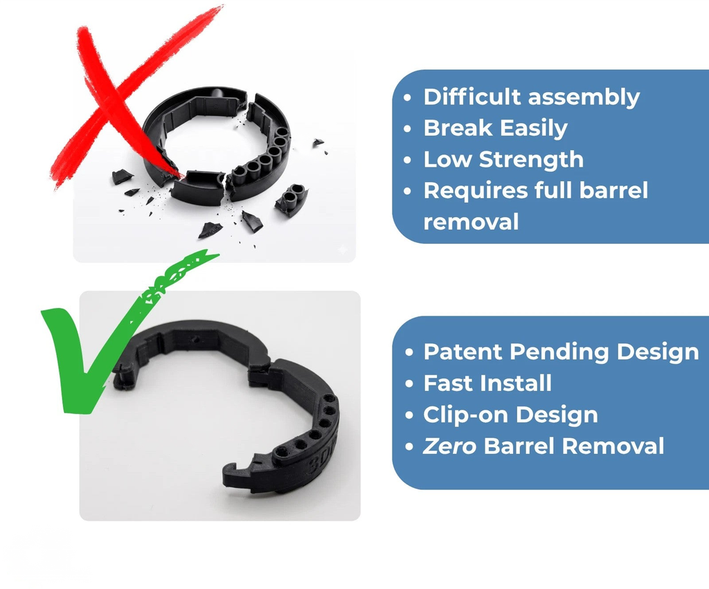 Comparison - broken competitor part vs. our design